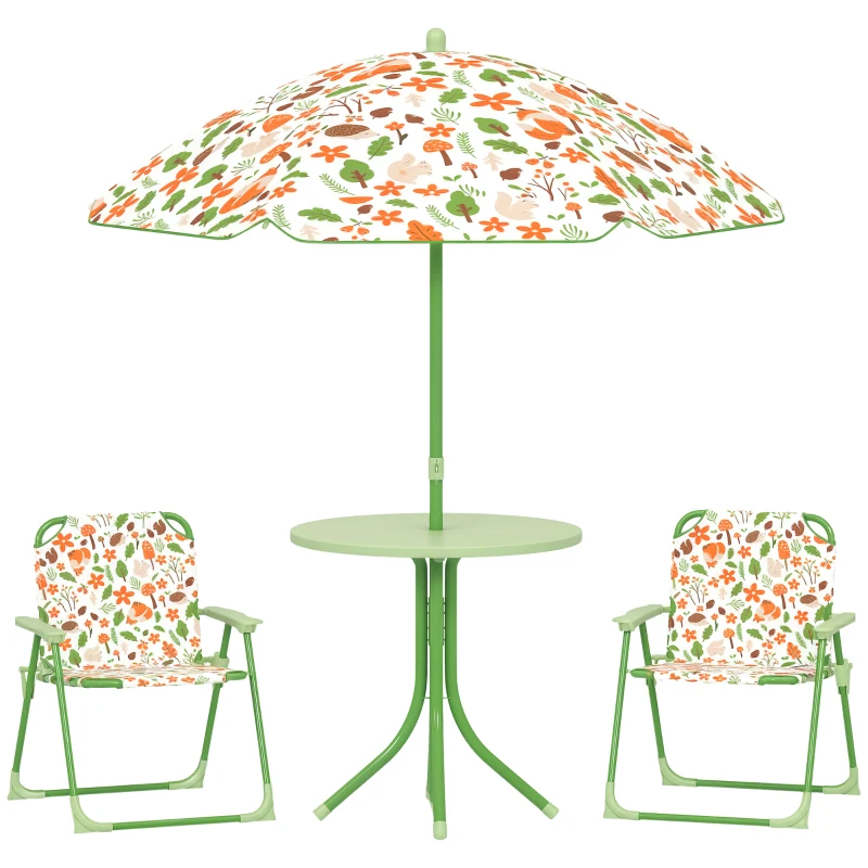 Qaba Kids Picnic Table and Chair Set, Outdoor Activity Table with Foldable Chairs, Removable Umbrella for Backyard, Green