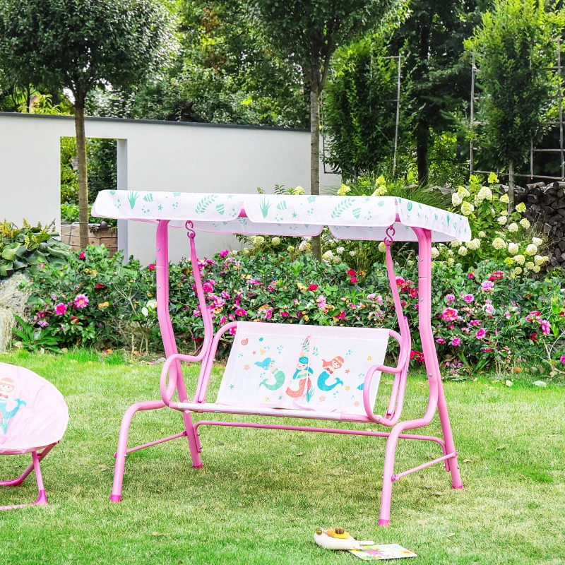 Outsunny 2-Seat Kids Porch Swing Chair, Children Outdoor Patio Furniture Lounge Chair for Garden, with Adjustable Canopy, Seat Belt, Mermaid Pattern, for 3-6 Years Old, Pink