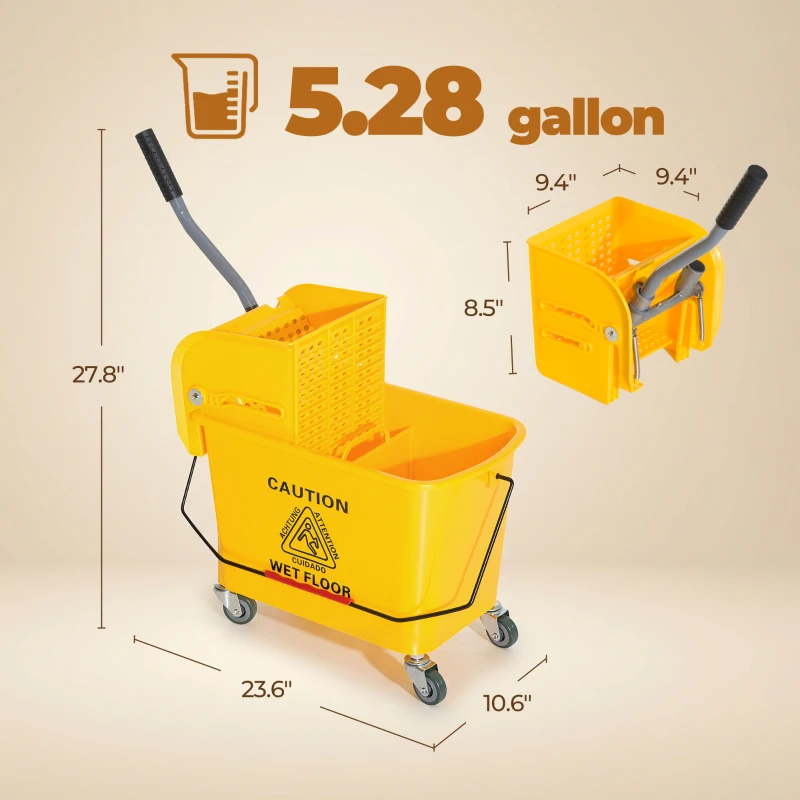 HOMCOM Compact Mop Bucket with Wringer, Mop Bucket on Wheels, 21 Quart, Separate Dirty and Clean Water, Yellow