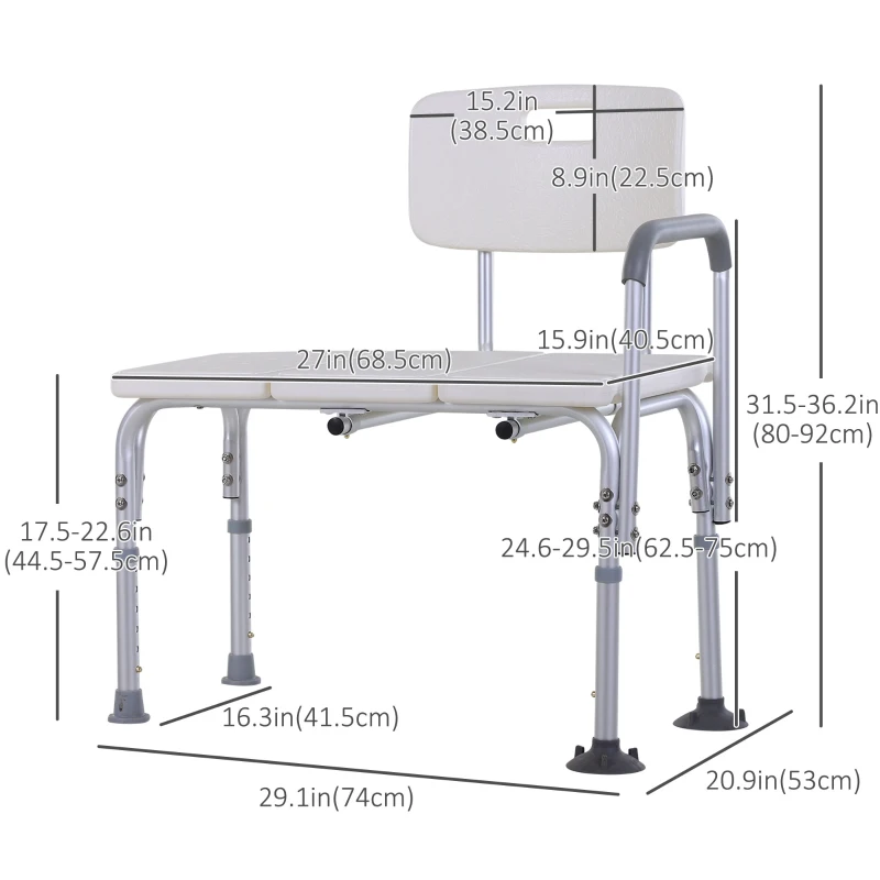 HOMCOM 6-Level Adjustable Bath and Shower Transfer Bench Aluminum Chair with Non-Slip Feet, Armrest & Backrest White