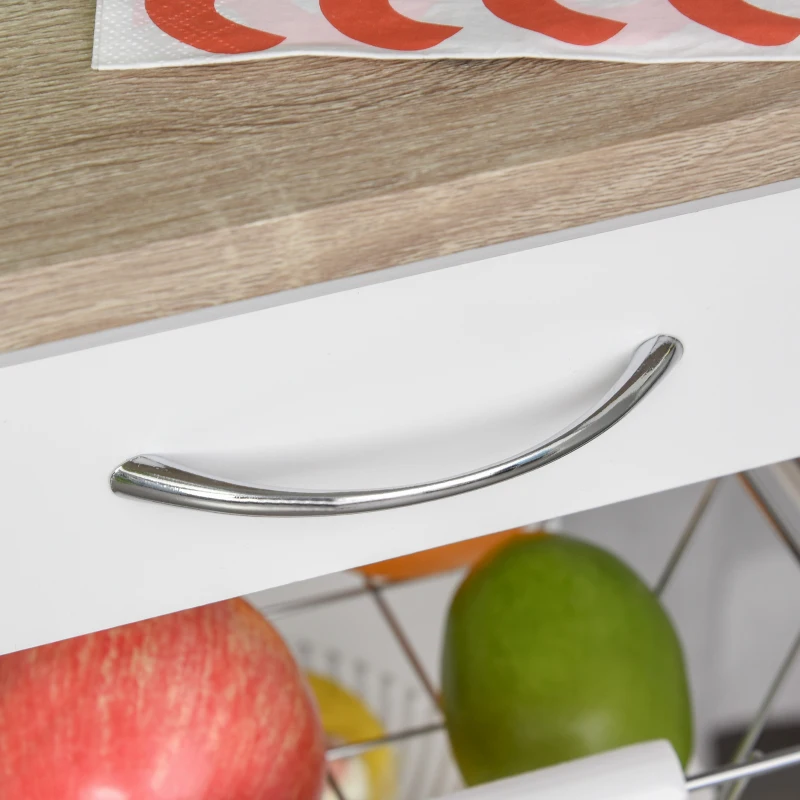 HOMCOM Mobile Kitchen Cart, Rolling Kitchen Island with Storage, Utility Cart with Wire Fruit Baskets, Trays and Drawer, White