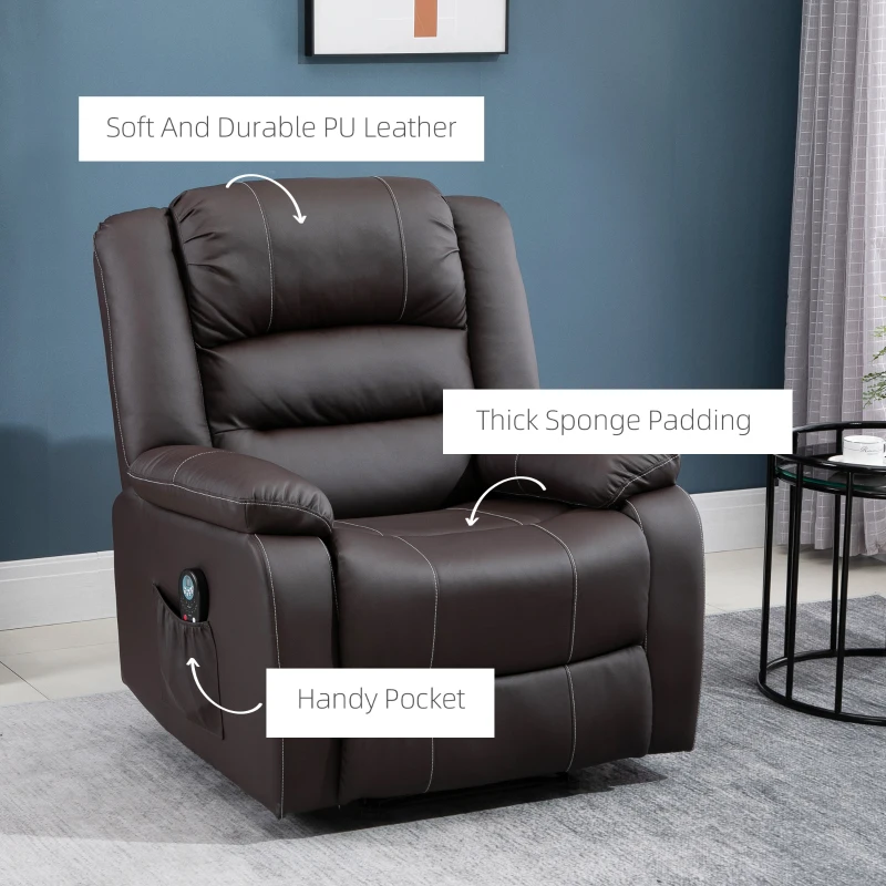 HOMCOM Vibrating Massage PU Leather Recliner Chair, Footrest with Remote Control, 8 Massaging Points, Dark Brown