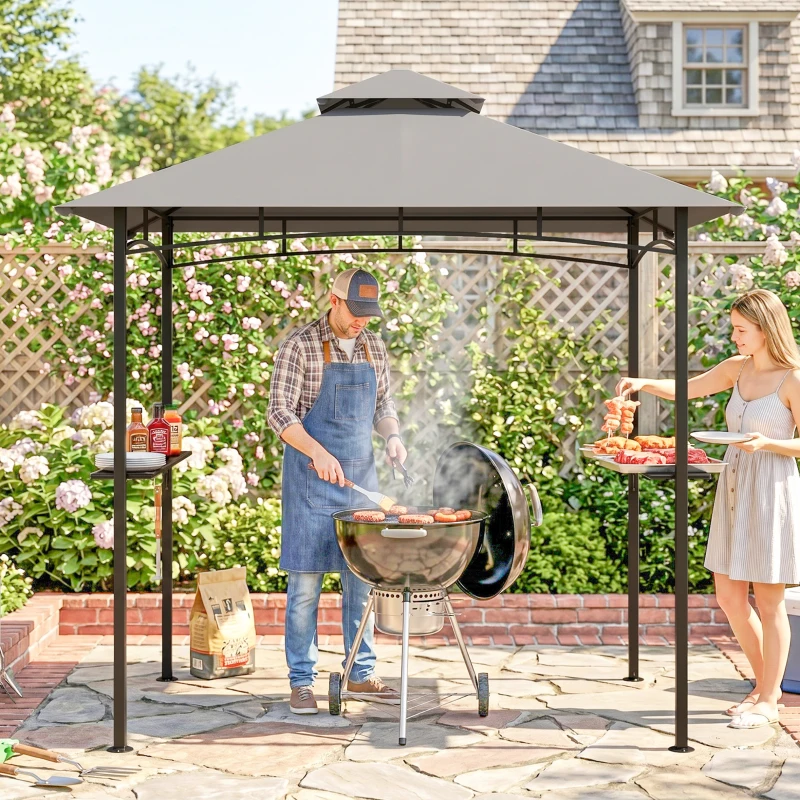Outsunny 8' x 5' Grill Gazebo with Double Roof, Outdoor BBQ Canopy Gazebo with 2 Side Shelves for Patio Yard Garden Gray
