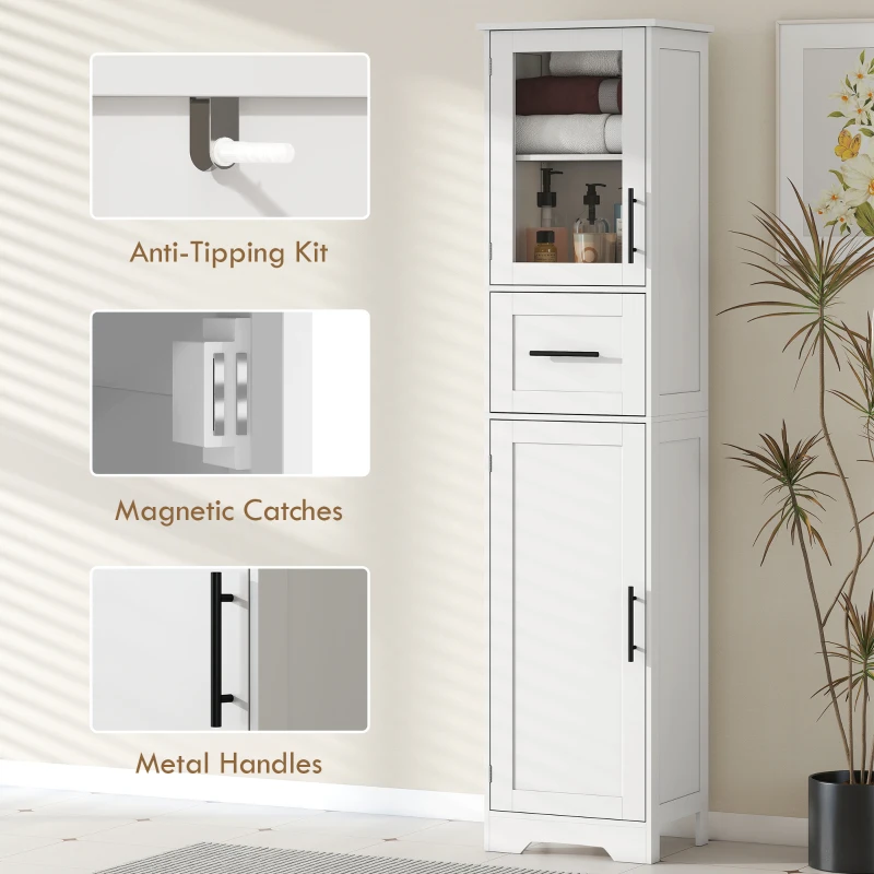 HOMCOM 67" Tall Bathroom Storage Cabinet, Freestanding Narrow Bathroom Cabinet with Adjustable Shelves, Glass Door and Drawer