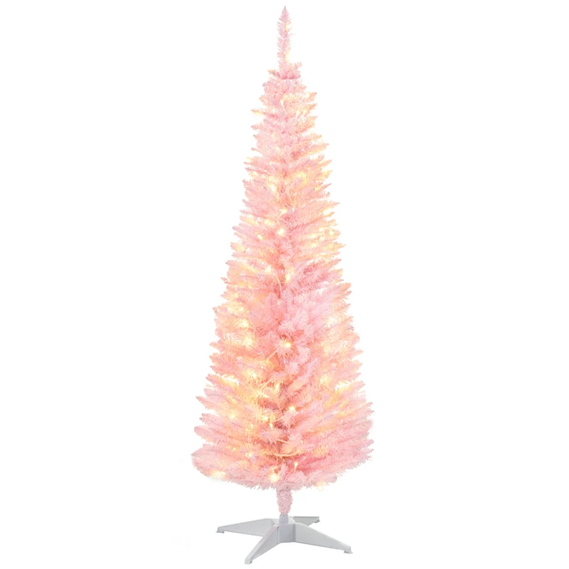 HOMCOM 5' Pre Lit Artificial Pencil Christmas Trees, Xmas Tree with Realistic Branches and Warm White LED Lights, Pink