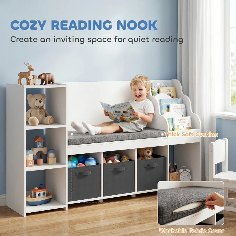 Qaba Kids Storage Shelf with Reading Nook, Toy Storage Organizer with Seat Cushion, 3 Fabric Drawers for Playroom, Nursery