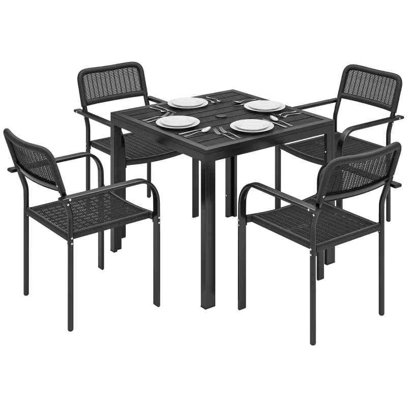 Outsunny Outdoor Dining Set for 4, Faux Wood Metal Patio Table and Stackable Chairs with Plastic Rattan Effect Seat, Black