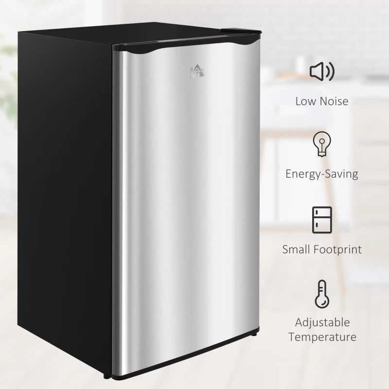 HOMCOM 3.2 Cu.Ft Mini Fridge with Freezer, Compact Refrigerator with Adjustable Thermostat, Shelf and Single Reversible Door for Bedroom, Dorm, Home Office, Energy Efficient, Silver