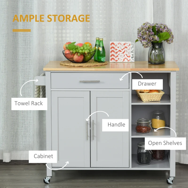 HOMCOM Wooden Rolling Kitchen Island on Wheels,  Kitchen Cart with Drawer for Dining Room, Grey