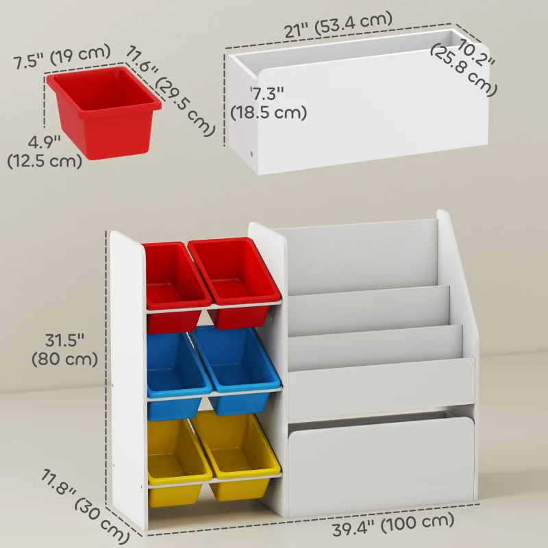 Qaba Kids Bookshelf and Toy Storage, 3-Tier Bookcase with 6 Removable Bins and Box for Toddler Nursery Playroom, Multi