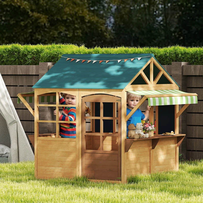 Qaba Wooden Outdoor Playhouse, Foldable Kids Cottage with Windows, Working Door, Snack Bars, Waterproof Covers, for 3-8 Years