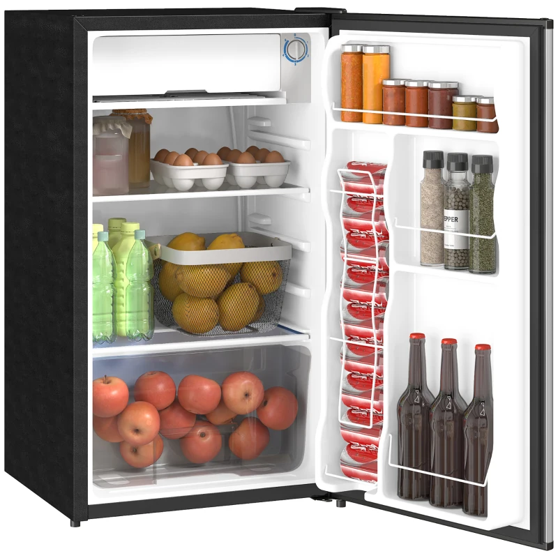 HOMCOM 3.2 Cu.Ft Mini Fridge with Freezer, Compact Refrigerator with Adjustable Thermostat, Shelf and Single Reversible Door for Bedroom, Dorm, Home Office, Energy Efficient, Silver