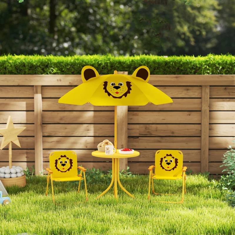 Qaba Kids Picnic Table and Chair Set, Outdoor Activity Table with Foldable Chairs, Height Adjustable Umbrella, Yellow