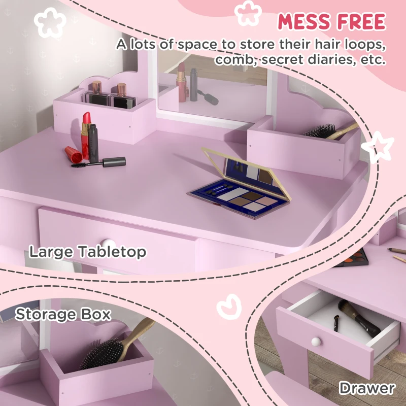 Qaba Makeup Vanity with Mirror and Stool, Cloud Design, Drawer, Storage Boxes, for 3-6 Years Old, Pink