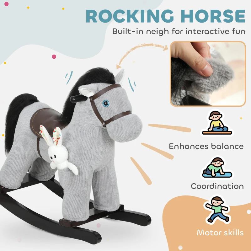Qaba Kids Rocking Horse, Plush Toddler Ride on Toy with Realistic Neigh and Toy for 2–5 Years Old, Gray