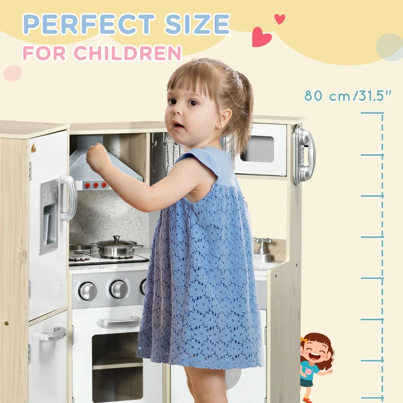 Qaba Wooden Play Kitchen with Lights Sounds, Corner Kids Kitchen Playset with Play Phone, Ice Maker, Microwave, Range Hood, Refrigerator, Utensils, For Ages 3-6 Years Old, White