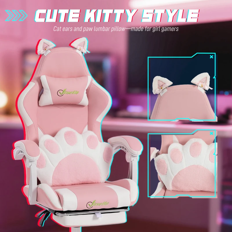 HOMCOM Cute Gaming Chair with Cat Ears, Gamer Computer Chair with Lumbar Support, Footrest, Headrest, Faux Leather, Pink