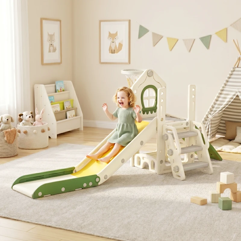 Qaba Foldable 5 in 1 Toddler Slide with Ladder, Climbing Wall, Basketball Hoop, Storage and Basketball for 1-3 Years, Cream