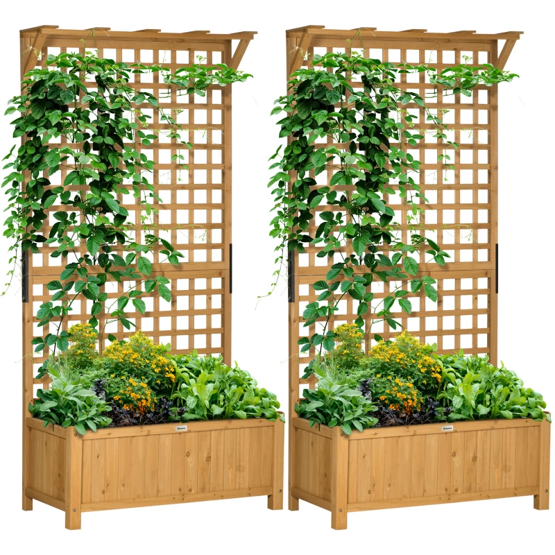 Outsunny Wood Planter with Trellis for Vine Climbing, Raised Garden Bed, Privacy Screen for Backyard, Patio, Pack of 2, Yellow