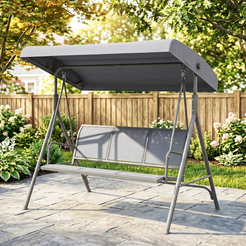Outsunny 3-Seater Swing Chair Covered Garden Hammock A-Frame Outdoor Porch Glider Sling Seat with Adjustable Canopy Cover, Grey