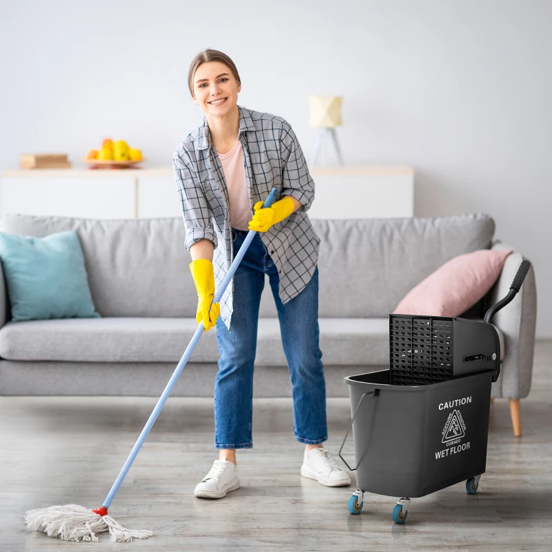 HOMCOM Compact Mop Bucket with Wringer, Mop Bucket on Wheels, 21 Quart, Separate Dirty and Clean Water, Black