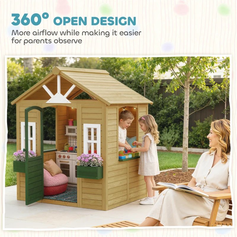Qaba Outdoor Playhouse, Wooden Kids Playhouse with Door, 3 Windows, 2 Flower Boxes for Garden, Indoor Playroom, Ages 3–8