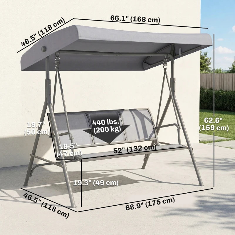 Outsunny 3-Seater Swing Chair Covered Garden Hammock A-Frame Outdoor Porch Glider Sling Seat with Adjustable Canopy Cover, Grey