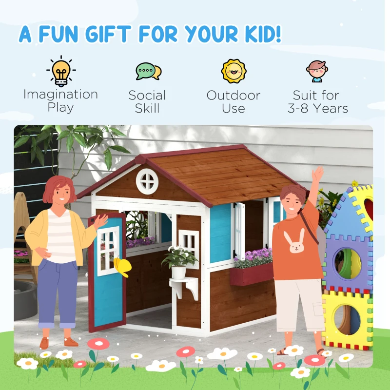 Outsunny Wooden Playhouse for Kids Outdoor with Door, Windows, Planter Pots and Boxes for Toddlers 3-8 Years, Dark Brown