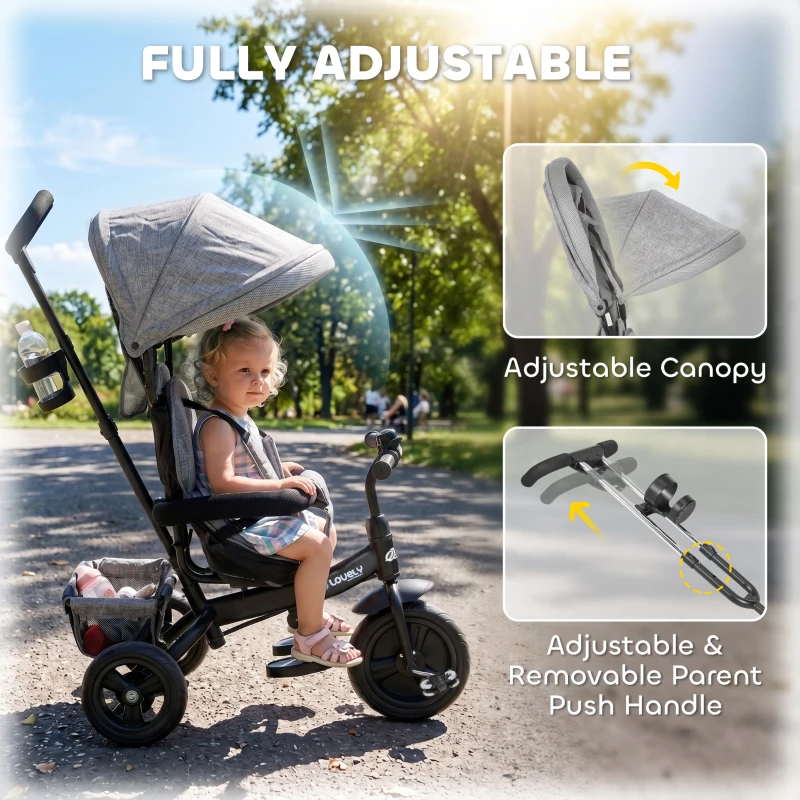 Qaba 6 in 1 Toddler Tricycle Stroller with Basket, Canopy, 5-point Safety Harness, for 12-60 Months, Grey