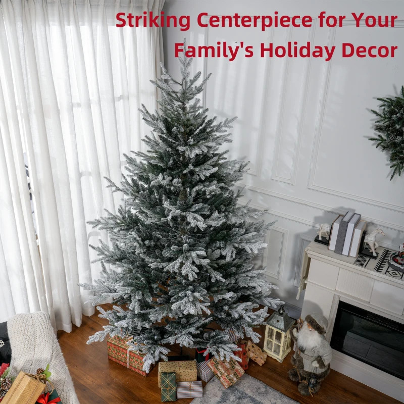 HOMCOM 7.5 FT Artificial Christmas Tree, Flocked Hinged Xmas Tree with 1218 Tips, Steel Base, Auto Open, Green