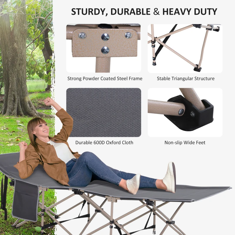Outsunny Folding Camping Cot for Adults with Carry Bag, Side Pocket, Outdoor Portable Sleeping Bed for Travel Camp Vocation, Grey