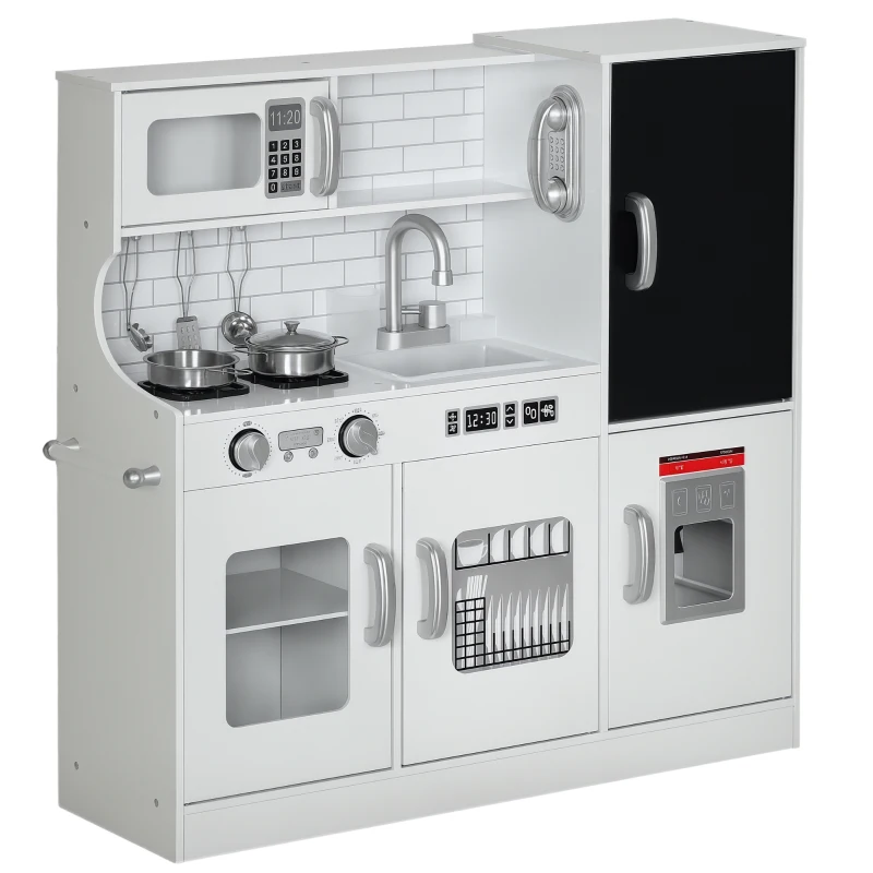 Qaba Pretend Play Kitchen, Kids Kitchen Playset with Play Phone, Chalkboard, Towel Rack & Ice Maker for 3-8 Years White