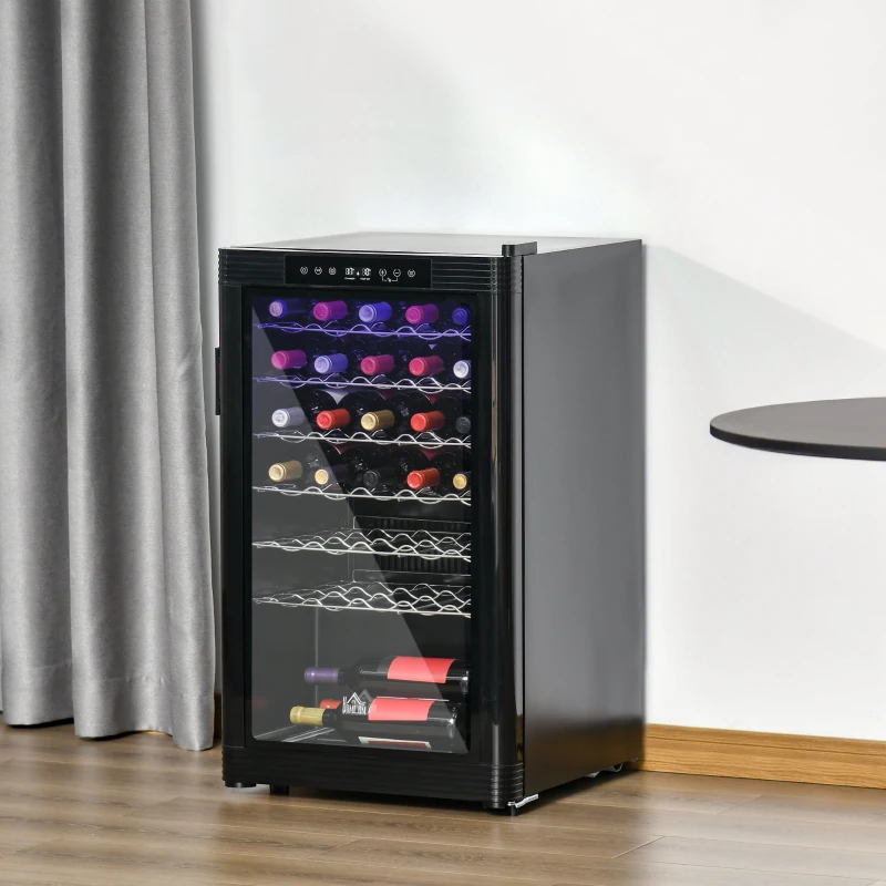 HOMCOM 33 Bottle Wine Cooler, Mini Beverage Fridge, Freestanding Wine Cellar with Digital Temperature Control, 6 Removable Shelves, Glass Door, Alarm Function and LED Lighting, Black