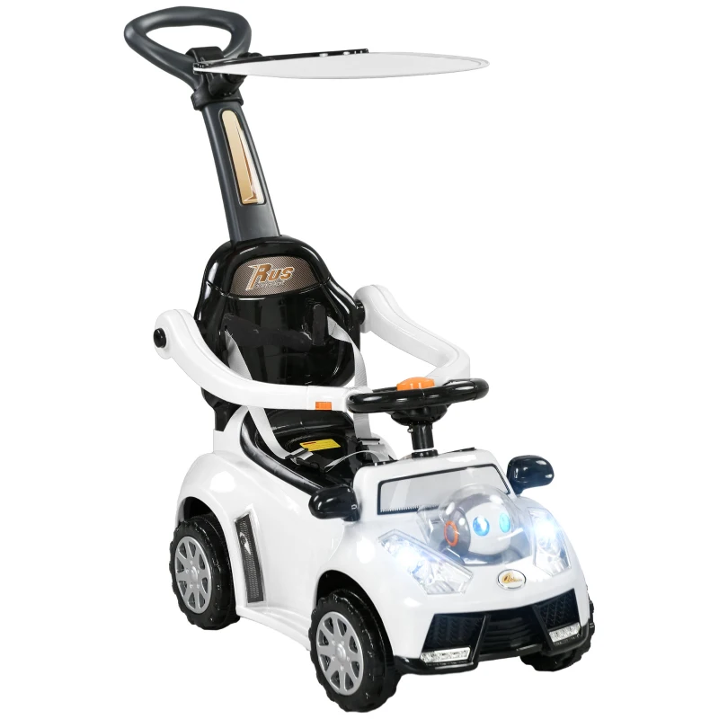 Qaba 3 in 1 Push Car Sliding Car with Removable Handle, Music, Horn, Canopy, Safety Guardrail, White