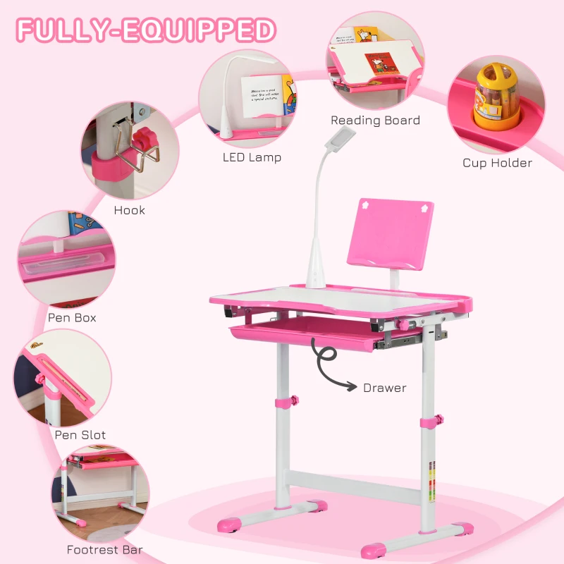 Qaba Kids Desk and Chair Set Height Adjustable Student Writing Desk Children School Study Table with Tilt Desktop, Pink
