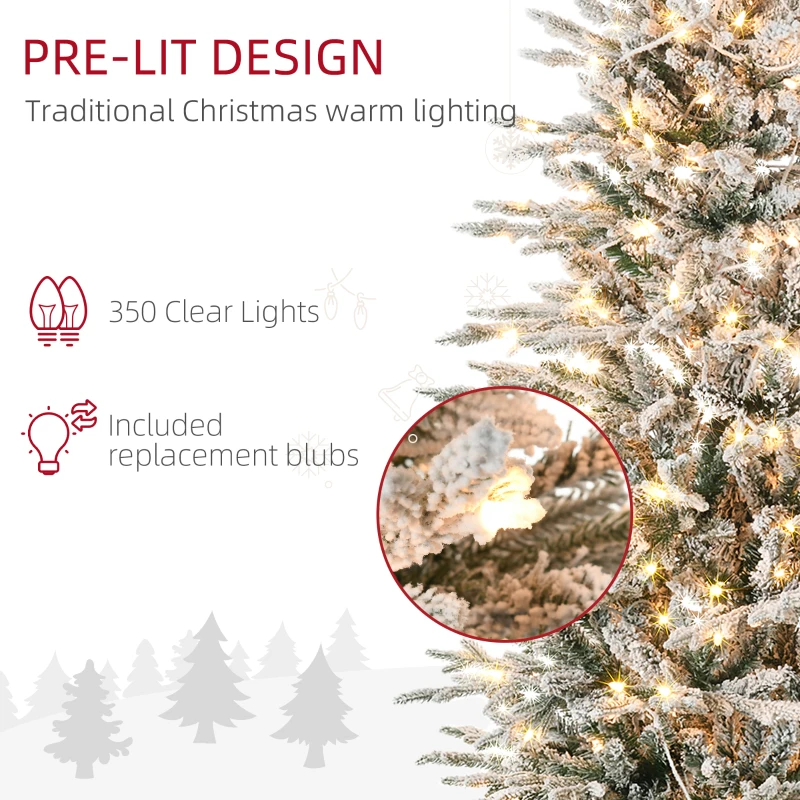 HOMCOM 7.5' Pre Lit Artificial Flocked Christmas Trees, with Snow Branches, Warm Yellow Clear Lights, Auto Open, Extra Bulb