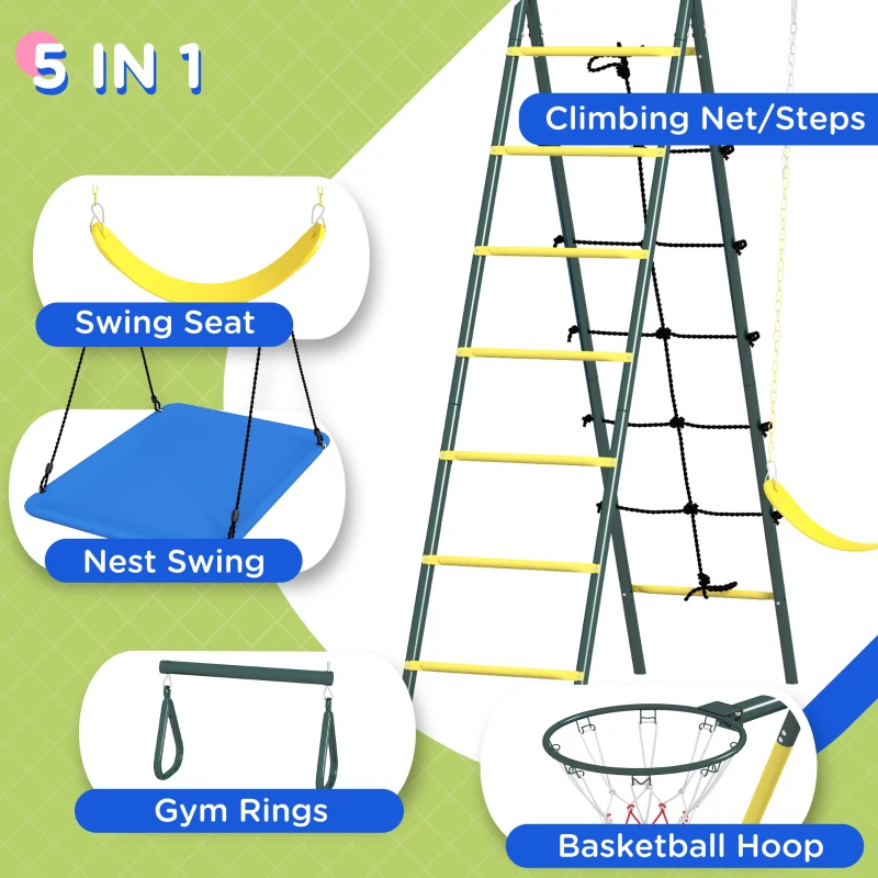 Outsunny Metal Swing Set for Backyard 5 in 1 Design Holds up to 440 lbs. for Ages 3-8, Yellow