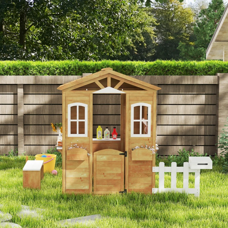 Outsunny Outdoor Playhouse for Kids Wooden Cottage with Working Doors Windows & Mailbox, Pretend Play House for Age 3-6 Years