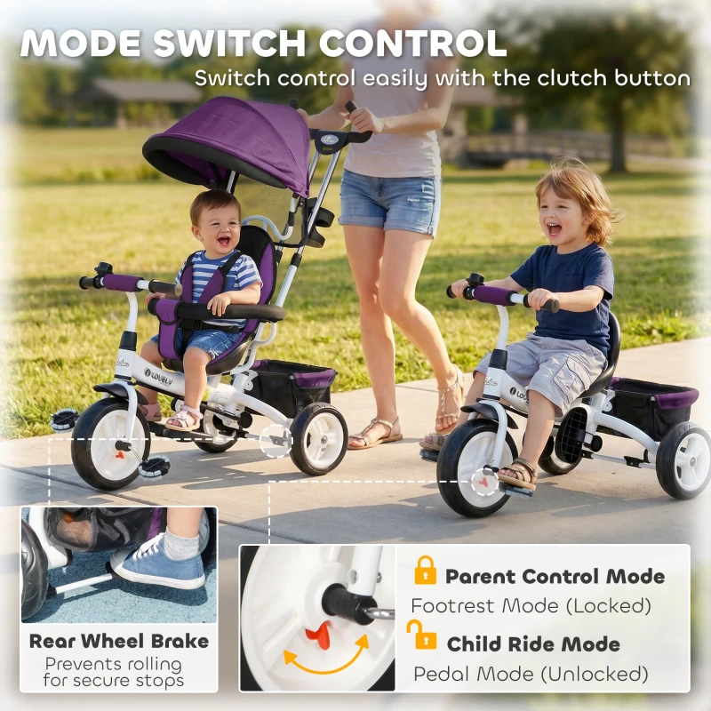 Qaba 6 in 1 Toddler Tricycle Stroller with Basket, Canopy, 5-point Safety Harness, for 12-60 Months, Purple
