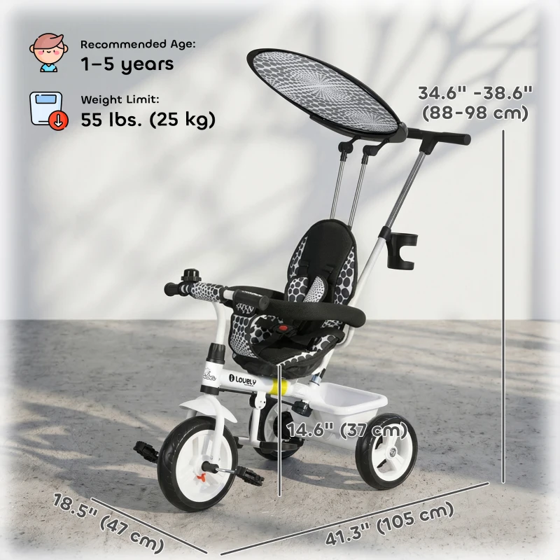 Qaba 6 in 1 Kids Tricycle with Removable Handlebar and Canopy, White