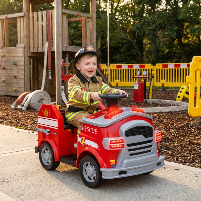 Qaba 12V Ride on Fire Truck with Siren, Flashing Lights Fire Extinguisher, Soft Start, Horn Music, Red