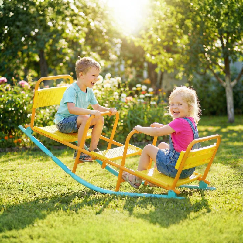 Qaba Teeter Totter Seesaw for Kids, 2 in 1 Metal Rocking Seesaw for Toddlers Age 3-8, Playground Equipment for Backyard