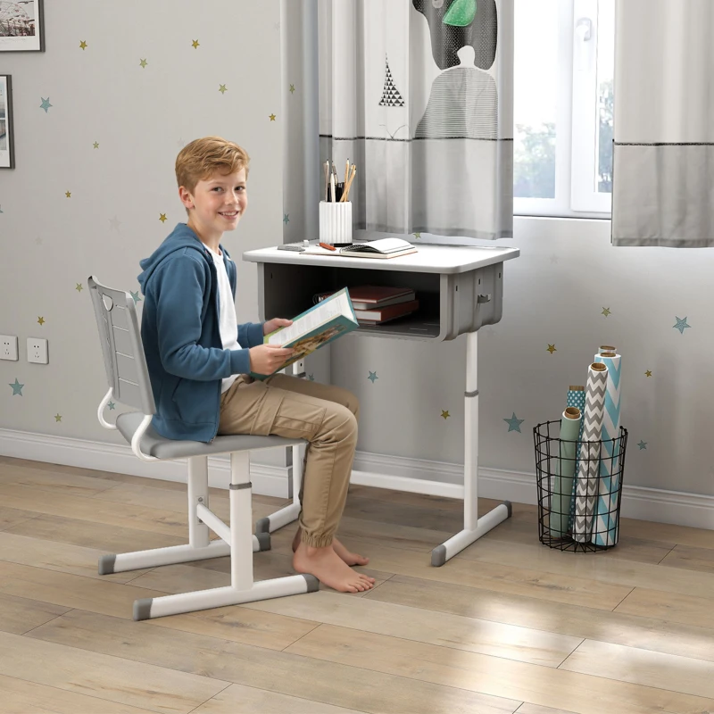 Qaba Kids Desk and Chair Set, Height Adjustable Children Study Desk and Chair with Drawer, Study Table for Bedroom, Grey