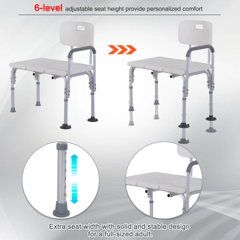 HOMCOM 6-Level Adjustable Bath and Shower Transfer Bench Aluminum Chair with Non-Slip Feet, Armrest & Backrest White