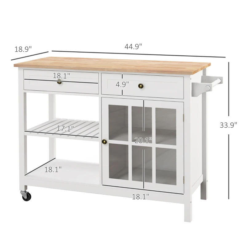 HOMCOM Rolling Kitchen Island with Storage, Kitchen Cart with Solid Wood Top, Glass Door Cabinet, Adjustable Shelf, Towel Rack, 2 Drawers for Dining Room, White