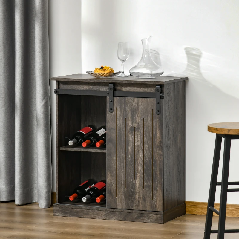 HOMCOM Industrial Sideboard Storage Cabinet, Serving Bar Buffet with Sliding Barn Door and 6-Bottle Wine Rack, gray