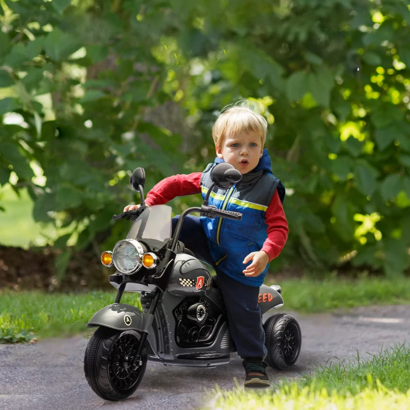 Qaba 6V 3 Wheel Electric Motorcycle for Kids, Battery Powered Motorbike w/ Headlights, Music, Forward & Reverse, Gray