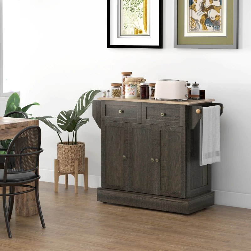 HOMCOM Triple-Cabinet Kitchen Island on Wheels, Kitchen Storage Cabinet with Drawers, Rolling Utility Cart Brown