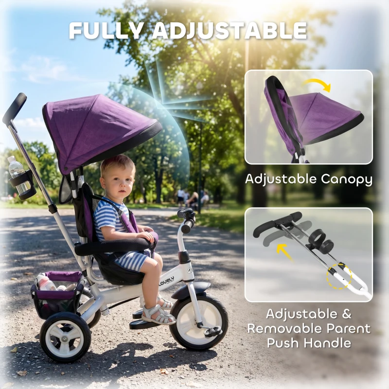 Qaba 6 in 1 Toddler Tricycle Stroller with Basket, Canopy, 5-point Safety Harness, for 12-60 Months, Purple
