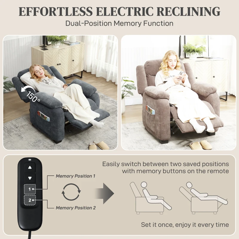 HOMCOM Massage Recliner Chair, Power Recliner with Quiet Brushless Motor, Remote, Pockets, 2 Memory Positions, Dark Grey